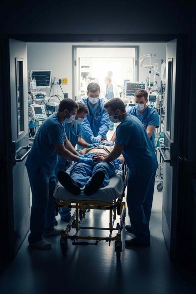 Medical team rushing a patient on a stretcher through a hospital corridor with equipment and monitors in the background
